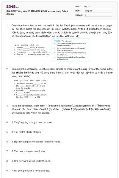 Giải SGK Tiếng anh 10 THiNK Unit 5 Grammar trang 54 có đáp án