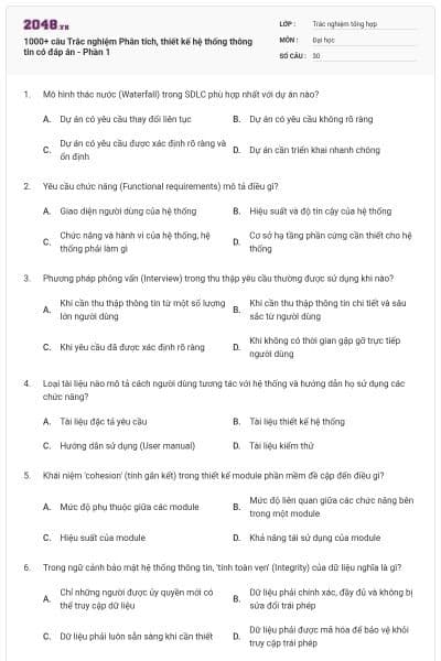 1000+ câu Trắc nghiệm Phân tích, thiết kế hệ thống thông tin có đáp án - Phần 1