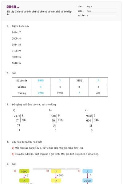 Bài tập Chia số có bốn chữ số cho số có một chữ số có đáp án
