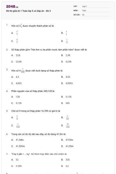 Đề thi giữa kì 1 Toán lớp 5 có đáp án - Đề 3