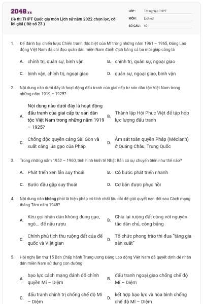 Đề thi THPT Quốc gia môn Lịch sử năm 2022 chọn lọc, có lời giải ( Đề số 23 )