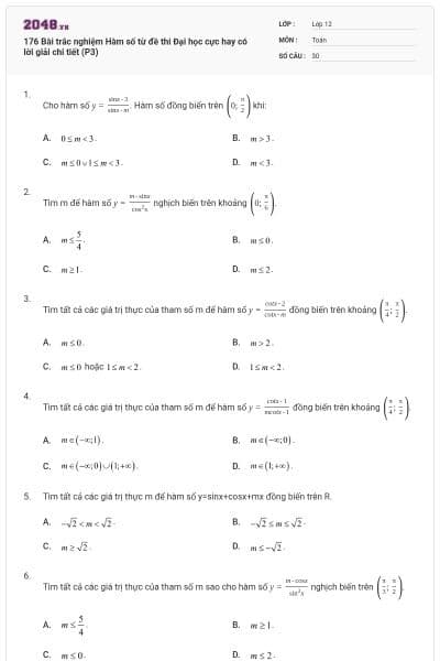 176 Bài trắc nghiệm Hàm số từ đề thi Đại học cực hay có lời giải chi tiết (P3)