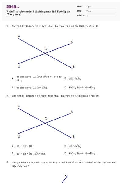 7 câu Trắc nghiệm Định lí và chứng minh định lí có đáp án (Thông dụng)