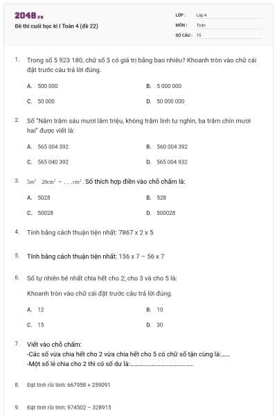 Đề thi cuối học kì I Toán 4 (đề 22)