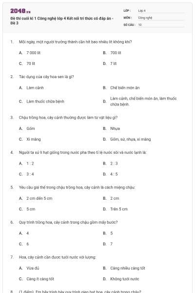 Đề thi cuối kì 1 Công nghệ lớp 4 Kết nối tri thức có đáp án - Đề 3