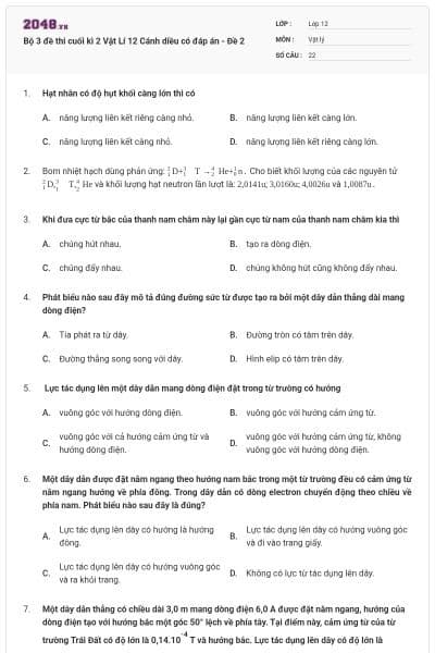 Bộ 3 đề thi cuối kì 2 Vật Lí 12 Cánh diều có đáp án - Đề 2