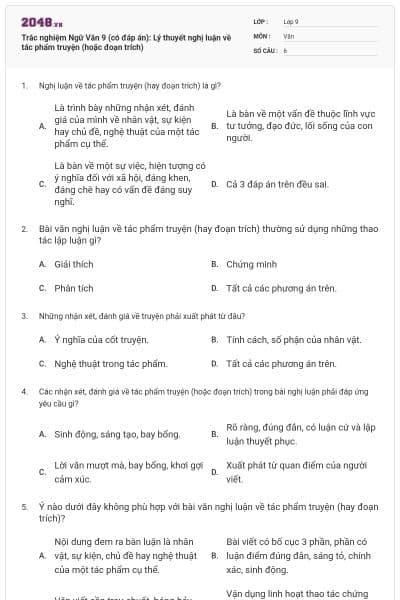 Trắc nghiệm Ngữ Văn 9 (có đáp án): Lý thuyết nghị luận về tác phẩm truyện (hoặc đoạn trích)