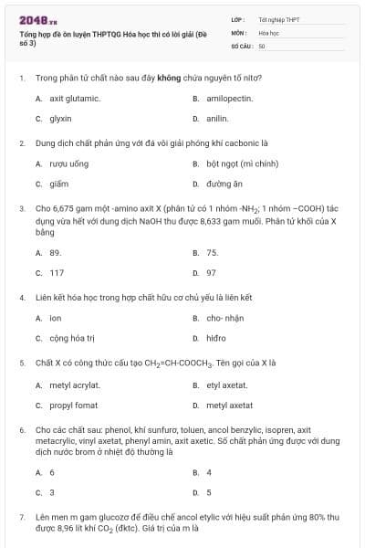 Tổng hợp đề ôn luyện THPTQG Hóa học thi có lời giải (Đề số 3)