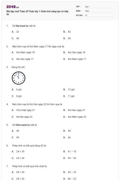 Bài tập cuối Tuần 29 Toán lớp 1 Chân trời sáng tạo có đáp án