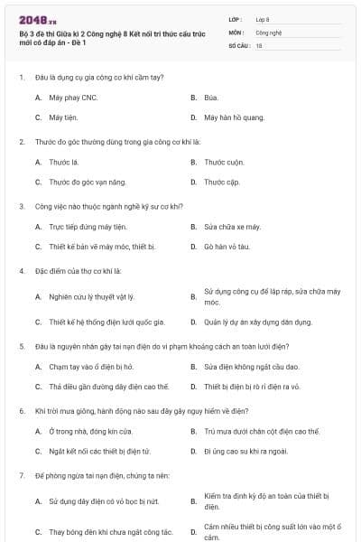 Bộ 3 đề thi Giữa kì 2 Công nghệ 8 Kết nối tri thức cấu trúc mới có đáp án - Đề 1
