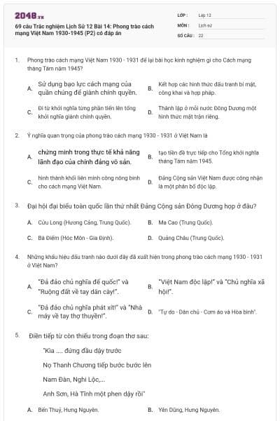 69 câu Trắc nghiệm Lịch Sử 12 Bài 14: Phong trào cách mạng Việt Nam 1930-1945 (P2) có đáp án