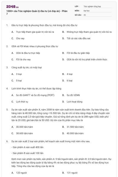 1000+ câu Trắc nghiệm Quản lý đầu tư (có đáp án) - Phần 7