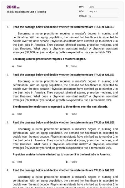 15 câu  Trắc nghiệm Unit 8 Reading
