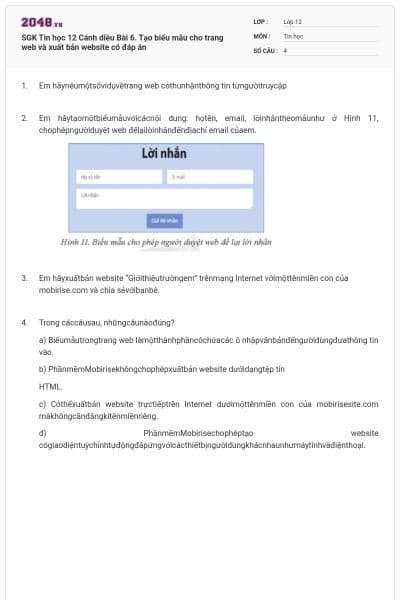 SGK Tin học 12 Cánh diều Bài 6. Tạo biểu mẫu cho trang web và xuất bản website có đáp án