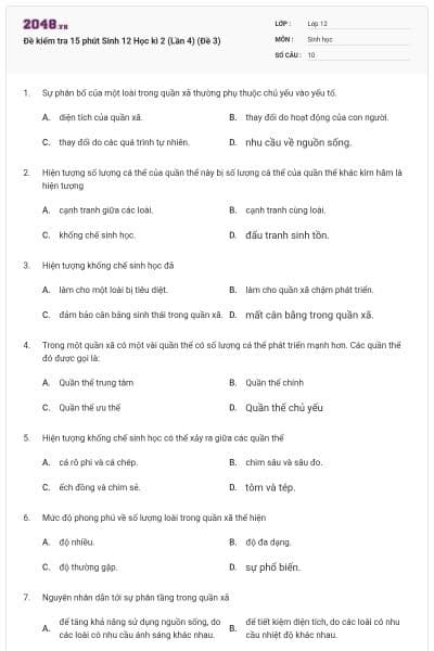 Đề kiểm tra 15 phút Sinh 12 Học kì 2 (Lần 4) (Đề 3)