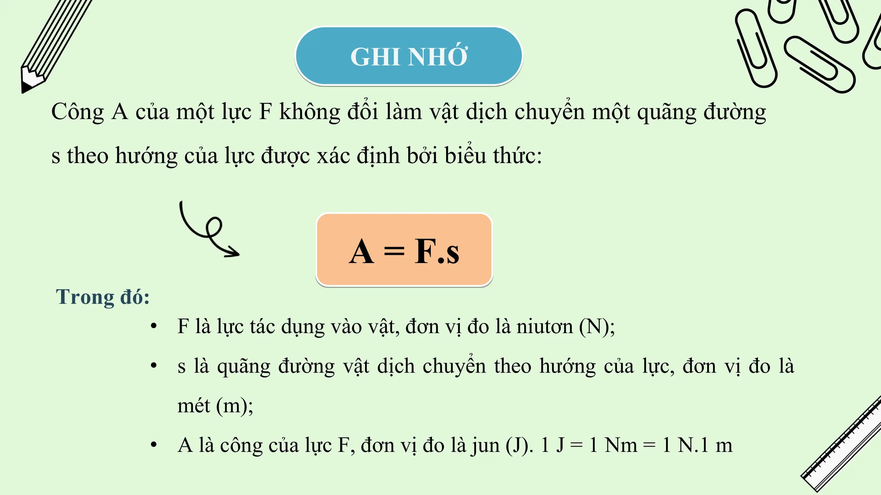 GHI NHỚ

Công A của một lực F không đổi làm vật dịch chuyển một quãng đường
s theo hướng của lực được xác định bởi biểu thức:

 A = F.s
Trong đó:
 • F là lực tác dụng vào vật, đơn vị đo là niutơn (N);
 • s là quãng đường vật dịch chuyển theo hướng của lực, đơn vị đo là
 mét (m);
 • A là công của lực F, đơn vị đo là jun (J). 1 J = 1 Nm = 1 N.1 m