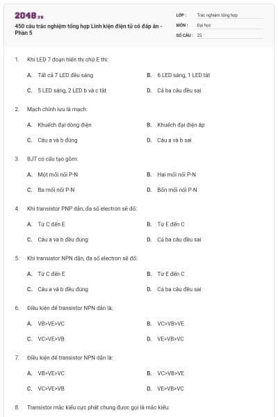 450 câu trắc nghiệm tổng hợp Linh kiện điện tử có đáp án - Phần 5