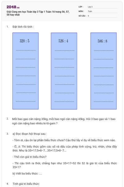 Giải Cùng em học Toán lớp 3 Tập 1 Tuần 16 trang 56, 57, 58 hay nhất
