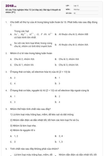 63 câu Trắc nghiệm Hóa 12 (có đáp án): Bài tập lí thuyết về nhôm (P1)