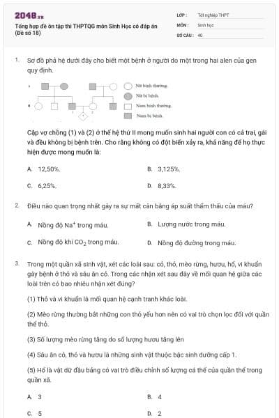 Tổng hợp đề ôn tập thi THPTQG môn Sinh Học có đáp án (Đề số 18)