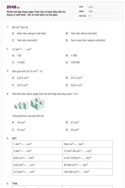 Phiếu bài tập hàng ngày Toán lớp 5 Cánh diều Bài 63. Xăng-ti-mét khối . Đề-xi-mét khối (có lời giải)