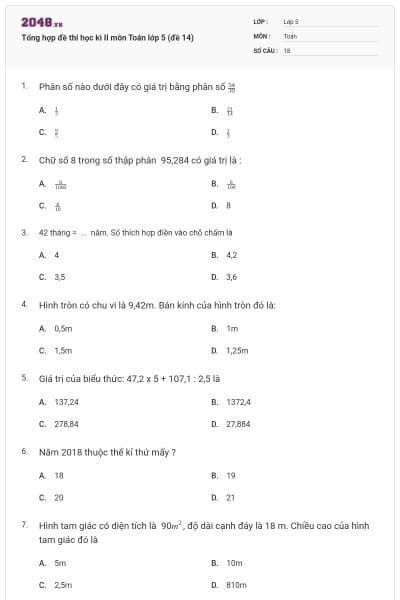 Tổng hợp đề thi học kì II môn Toán lớp 5 (đề 14)