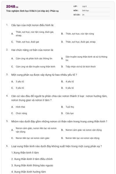 Trắc nghiệm Sinh học 8 Bài 6 (có đáp án): Phản xạ