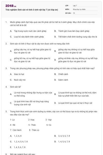 Trắc nghiệm Sinh sản vô tính ở sinh vật lớp 7 (có đáp án)