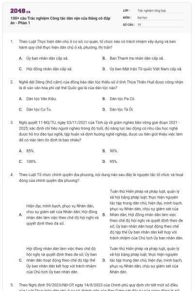 100+ câu Trắc nghiệm Công tác dân vận của Đảng có đáp án - Phần 1