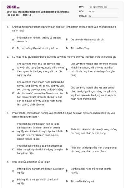 500+ câu Trắc nghiệm Nghiệp vụ ngân hàng thương mại (có đáp án) - Phần 12