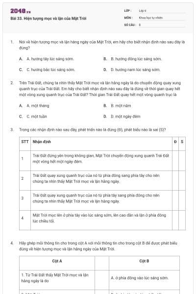 Bài 33. Hiện tượng mọc và lặn của Mặt Trời