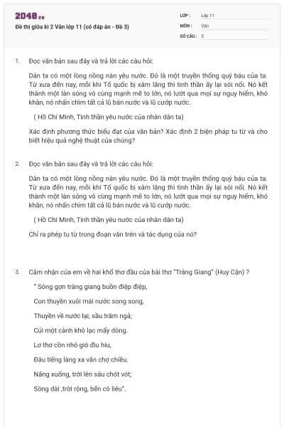 Đề thi giữa kì 2 Văn lớp 11 (có đáp án - Đề 3)