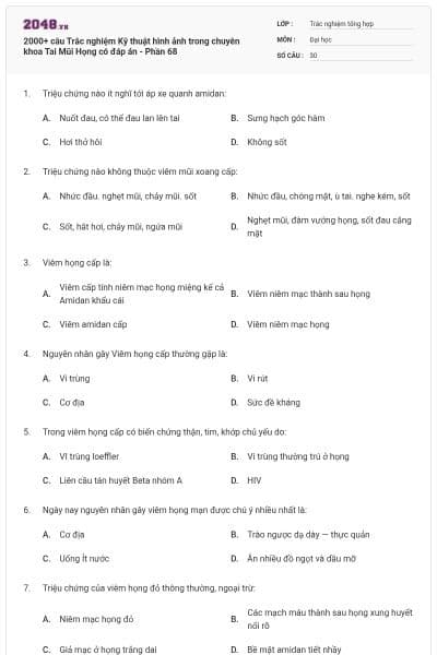 2000+ câu Trắc nghiệm Kỹ thuật hình ảnh trong chuyên khoa Tai Mũi Họng có đáp án - Phần 68