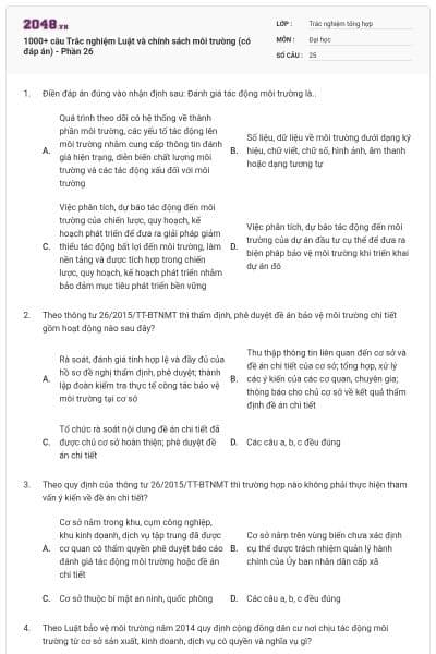 1000+ câu Trắc nghiệm Luật và chính sách môi trường (có đáp án) - Phần 26
