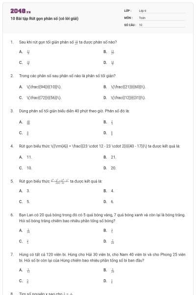 10 Bài tập Rút gọn phân số (có lời giải)