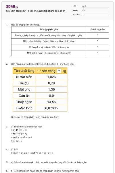 Giải SGK Toán 5 KNTT Bài 14. Luyện tập chung có đáp án
