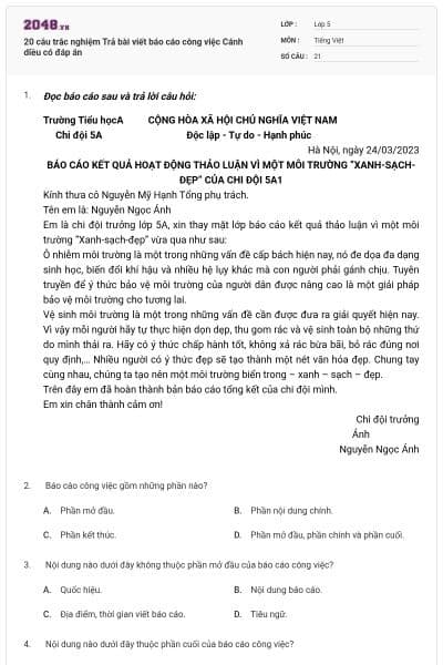 20 câu trắc nghiệm Trả bài viết báo cáo công việc Cánh diều có đáp án
