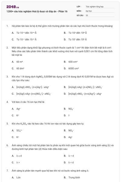 1200+ câu trắc nghiệm Hoá lý dược có đáp án - Phần 16