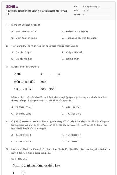 1000+ câu Trắc nghiệm Quản lý đầu tư (có đáp án) - Phần 14