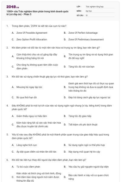 1000+ câu Trắc nghiệm Đàm phán trong kinh doanh quốc tế (có đáp án) - Phần 5