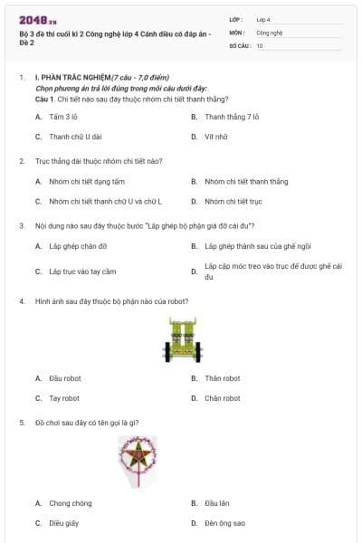 Bộ 3 đề thi cuối kì 2 Công nghệ lớp 4 Cánh diều có đáp án - Đề 2