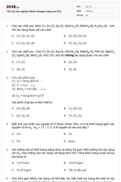 100 câu trắc nghiệm Nhóm Halogen nâng cao (P2)