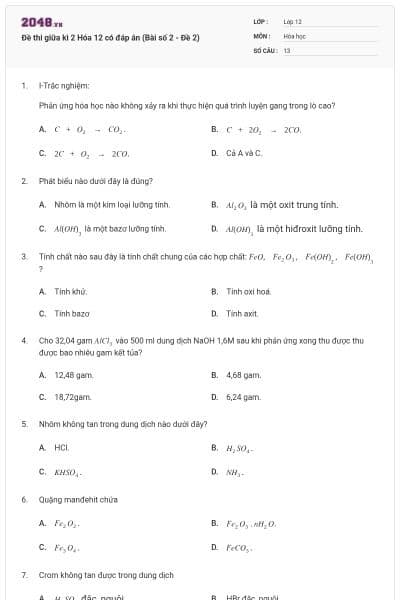 Đề thi giữa kì 2 Hóa 12 có đáp án (Bài số 2 - Đề 2)