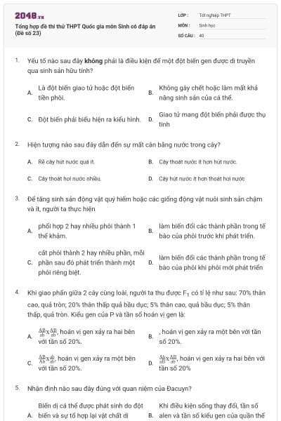 Tổng hợp đề thi thử THPT Quốc gia môn Sinh có đáp án (Đề số 23)