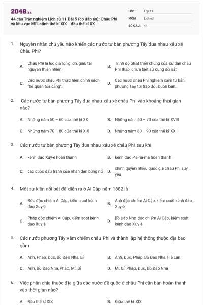 44 câu Trắc nghiệm Lịch sử 11 Bài 5 (có đáp án): Châu Phi và khu vực Mĩ Latinh thế kỉ XIX - đầu thế kỉ XX