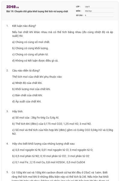 Bài 19: Chuyển đổi giữa khối lượng thể tích và lượng chất