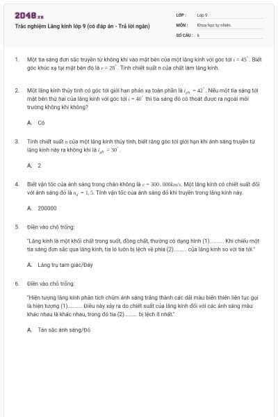 Trắc nghiệm Lăng kính lớp 9 (có đáp án - Trả lời ngắn)