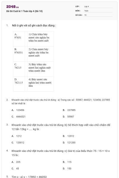 Đề thi Cuối kì 1 Toán lớp 4 (Đề 10)
