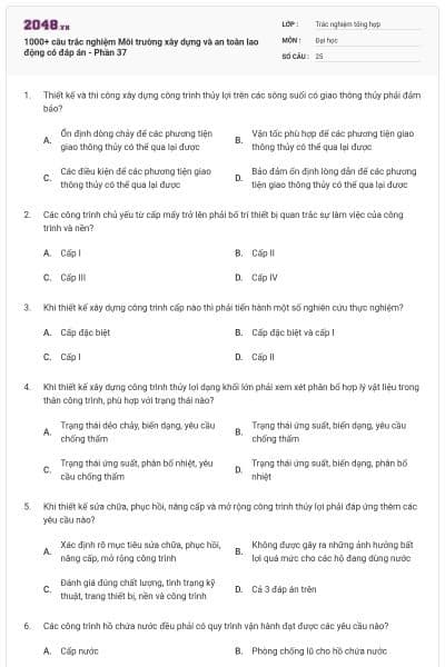 1000+ câu trắc nghiệm Môi trường xây dựng và an toàn lao động có đáp án - Phần 37