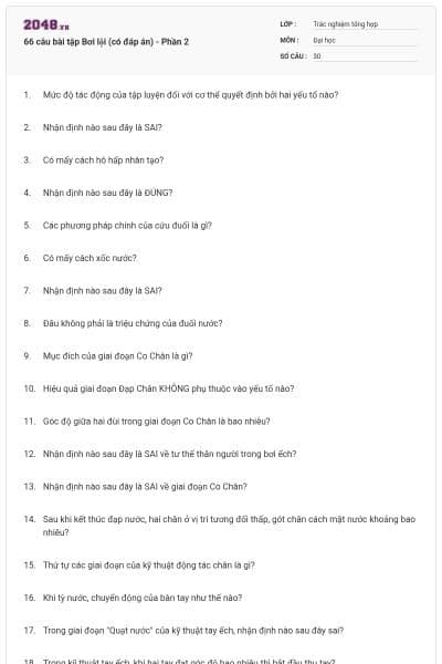 66 câu bài tập Bơi lội (có đáp án) - Phần 2